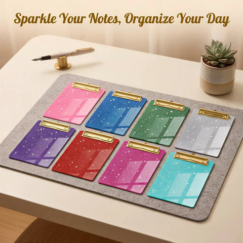 Glitter Mini Clipboards Set With 8 Assorted Colors Slim Acrylic Writing Surfaces And Gold Low Profile Clips Pocket Memo Boards For Nurses Office Tasks Color Coding And Desk Setup And Organization, 8 glitter mini clipboards on desk