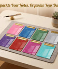Glitter Mini Clipboards Set In 8 Assorted Colors 5.9 x 3.9 Inches Slim Acrylic Clipboards With Gold Low Profile Clip Bling Pocket Memo Holders For Nurses Office Tasks And School Hustle. Set of 8 on desk