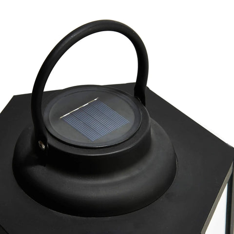 Top view of Outdoor Solar Powered Lantern With Flameless Candle 18 Inch Black Metal And Glass Waterproof Hanging Tapered Candle Lamp