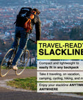 Cyclist with backpack showcasing On-The-Go Slackline Kit With TreeWear Included near cityscape background, travel-ready design