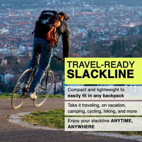 Cyclist with backpack showcasing On-The-Go Slackline Kit With TreeWear Included near cityscape background, travel-ready design