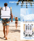 Premium Portable Camping Chair With 5-Position Recliner on beach, lightweight design, wooden armrests, breathable fabric