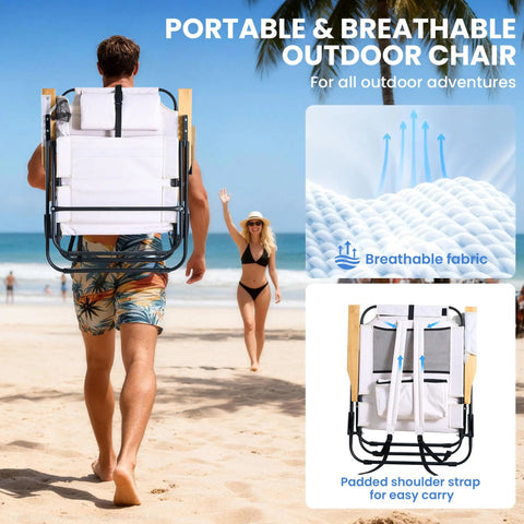 Premium Portable Camping Chair With 5-Position Recliner on beach, lightweight design, wooden armrests, breathable fabric