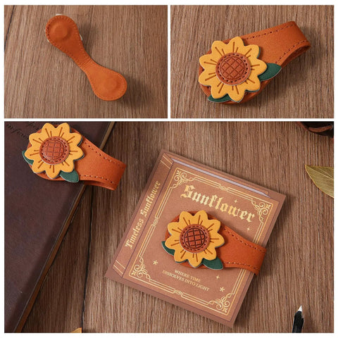 4 Piece Vintage Magnetic Leather Bookmarks With Retro PU Clip, Legit Game Changer For Reading Stacks, sunflower design
