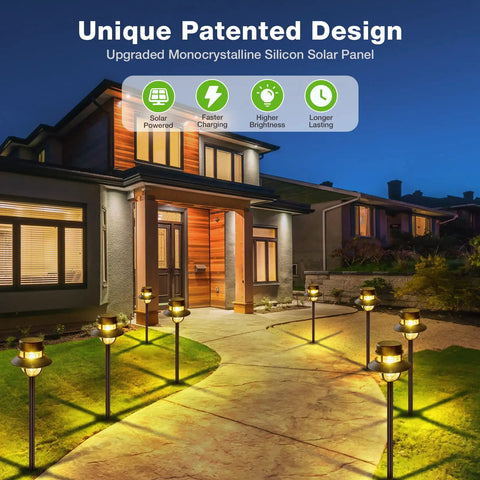 Solar Pathway Lights Outdoor 6 Pack Dope Bright White LED Landscape Lights illuminating a garden pathway, IP67 waterproof.