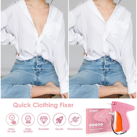 Handheld Stitch Gun For Quick Clothing Fixes With Invisible 5mm Needle, demonstrating before-after shirt repair