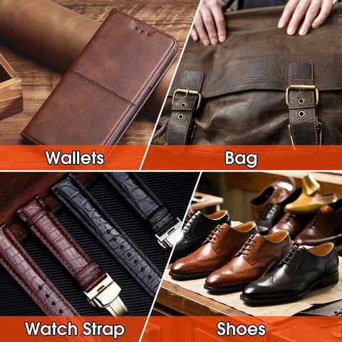 Leather wallets, bag, watch straps, and shoes showcased for leather crafting with Pro Grade Leather Craft Tools Set With Diamond Stitch Punches 4mm Prongs Inner Teeth Tapered Design For Smooth Labor Saving Punching And Durable High Carbon Steel Build.