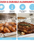 Grilled meat wrapped in Heavy Duty Aluminum Foil Sheets 12 X 10.75 Inches, 500 Count Pre Cut Pop Up Dispenser, Thick Durable Kitchen Wrap
