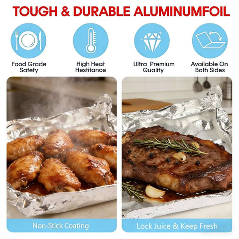 Grilled meat wrapped in Heavy Duty Aluminum Foil Sheets 12 X 10.75 Inches, 500 Count Pre Cut Pop Up Dispenser, Thick Durable Kitchen Wrap