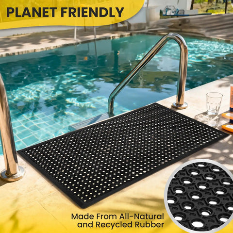 Heavy Duty Rubber Floor Mat With Drainage Holes For Garage Kitchen Restaurant And Outdoor Bar Use 36 By 60 Inches Non Slip Puddle Proof Durable Black Tough As Nails placed by a poolside