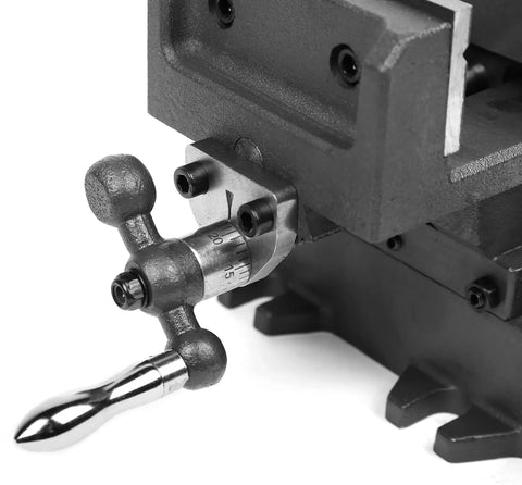 Cross Vise 4.25 Inch With Compound Slide For Mills And Drill Presses CV414 Heavy Duty Black Cast Iron Precision Vise With 0.1 Millimeter Increments, Jaws Travel 5.8 Inches Left And Right, 6 Inches Front And Back, Universal Fit For Metalworking close-up of hand wheel
