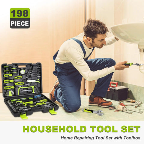Man using 198 Piece Household Tool Set With Toolbox For DIY Home Repairs And Maintenance, SAE Hand Tools Kit With Durable Forged Steel