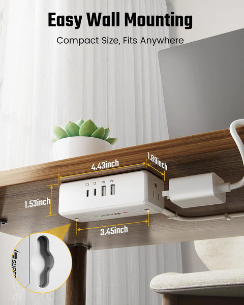 3 Ft Short Extension Cord Surge Protector Power Strip 8 In 1 mounted under desk, compact size fits anywhere with 4 AC outlets and USB ports.
