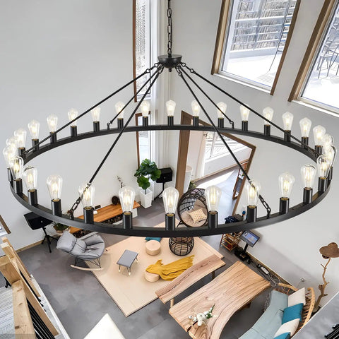 Massive Black Wagon Wheel Chandelier, 64 Inch, 30-Light Farmhouse Round Industrial Ceiling Light Fixture for high ceilings, indoor space