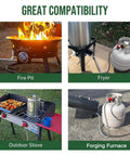 Propane regulator with gauge and 5 ft hose for LP gas, shown with fire pit, fryer, outdoor stove, forge furnace