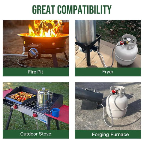 Propane regulator with gauge and 5 ft hose for LP gas, shown with fire pit, fryer, outdoor stove, forge furnace
