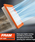 Visualization of air flow through Extra Guard CA9997 Engine Air Filter for Subarus, showing particle filtration and protection process.