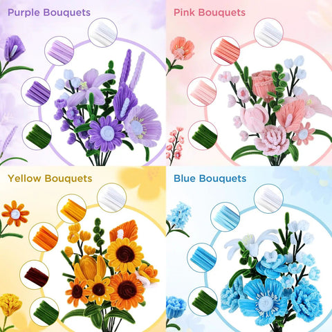 Massive 540 Piece Pipe Cleaners Craft Kit With 15 Designs Guiding Book For DIY Flower Bouquets And Party Decor Totally Dope Multicolor 12In Long 7Mm Wide Includes Chenille Stems Floral Wires And Stamen, showing purple, pink, yellow, and blue floral craft bouquets.
