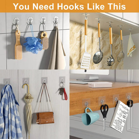 Heavy Duty Adhesive Hooks 12 Pack Holds Up To 13 Lbs Each Waterproof No Nail Wall Hangers in use on kitchen and bathroom walls