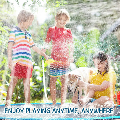 Children and dog playing on 10 Ft Extra Large Non Slip Splash Pad For Kids Adults And Dogs Blue Backyard Water Play Mat