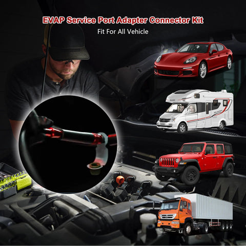 EVAP service port adapter kit with valve removal tool for automotive smoke-leak testers (close-up view)