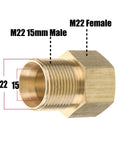 Universal M22 Pressure Washer Coupler Adapter 15mm Male To 14mm Female, brass material, showing thread details, 4500 PSI.