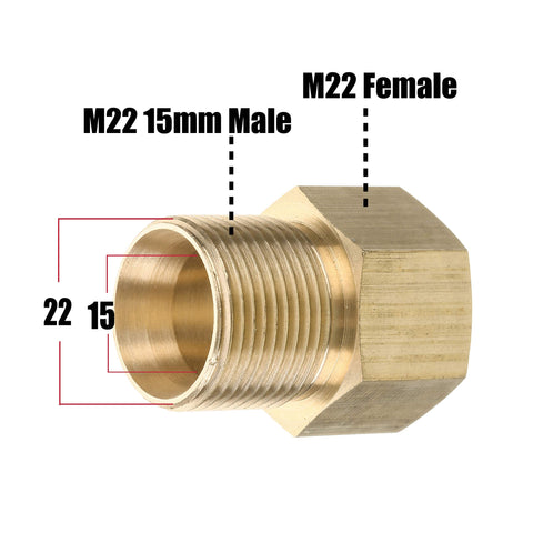 Universal M22 Pressure Washer Coupler Adapter 15mm Male To 14mm Female, brass material, showing thread details, 4500 PSI.