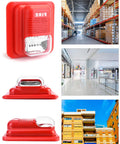 Collage of wired emergency sound and light fire alarm station, warehouse shelves, modern lobby, and a building exterior.