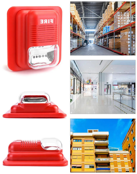 Collage of wired emergency sound and light fire alarm station, warehouse shelves, modern lobby, and a building exterior.