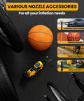 Cordless Tire Inflator Air Compressor For Cars And Bikes On The Go With 150 PSI, LED Light, nozzle accessories displayed