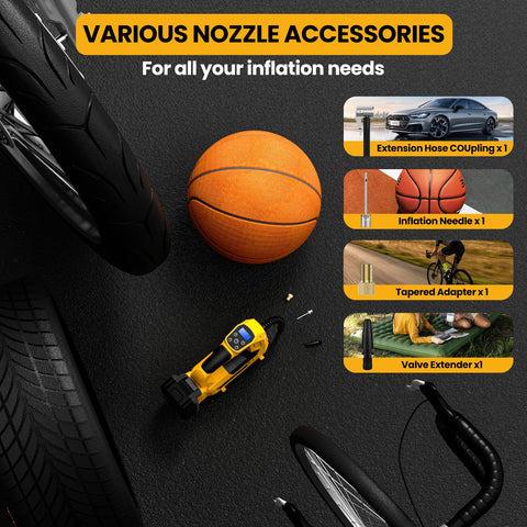 Cordless Tire Inflator Air Compressor For Cars And Bikes On The Go With 150 PSI, LED Light, nozzle accessories displayed