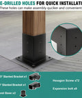 Pre-drilled holes on Slanted Pergola Brackets Kit For Outdoor Wood Beams, 4-Way Post Base Brackets in carbon steel.