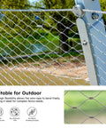 Close-up of stainless steel wire rope fence with Pro Grade Wire Rope Crimping Tool Kit, featuring a green outdoor setting.