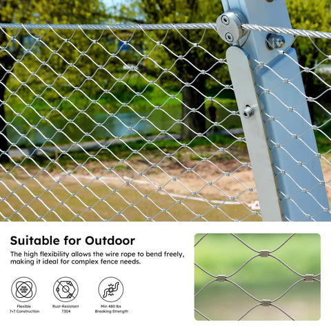 Close-up of stainless steel wire rope fence with Pro Grade Wire Rope Crimping Tool Kit, featuring a green outdoor setting.