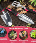 Heavy Duty Garden Tools Set 3 Pack With Shovel Transplant Trowel And Hand Rake Aluminum Alloy Handles Red Built For Digging Weeding Planting And Transplanting In Your Home Garden on soil