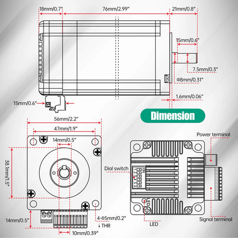 Technical diagram of Beefy Integrated Nema 23 Closed-Loop Stepper Motor with detailed dimensions and components labeled.