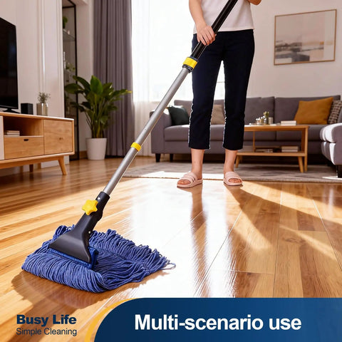Heavy Duty Wet Mop With Looped End Cotton Mop Head, Industrial Grade String Mop, Telescopic Iron Pole, Adjustable From 44.5 To 55.1 Inches