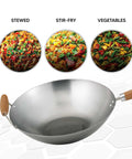 Go-To 14-Inch Carbon Steel Wok With Bamboo Handle for Stir Frying and more, shown with stewed, stir-fry, and vegetable dishes.