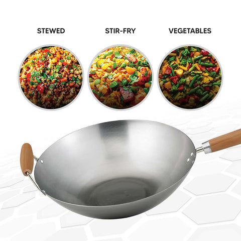 Go-To 14-Inch Carbon Steel Wok With Bamboo Handle for Stir Frying and more, shown with stewed, stir-fry, and vegetable dishes.
