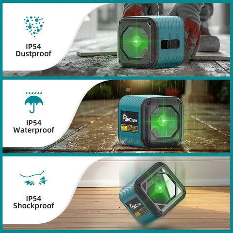 Cross Line Laser Level With Self Leveling And Manual Mode 360 Degree Rotating Green Beam IP54 Waterproof shown in various conditions.