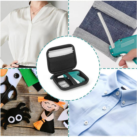 Mini Stitch Gun For Quick Clothing Repairs And Temporary Seams With 5000 Black And White Fasteners Six Extra Needles in a case.