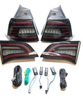Knight Rider Led Tail Light Upgrade Kit For Model 3 And Model Y Plug And Play rear lamps showcasing detailed flame design and wiring options.