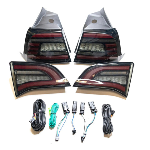 Knight Rider Led Tail Light Upgrade Kit For Model 3 And Model Y Plug And Play rear lamps showcasing detailed flame design and wiring options.