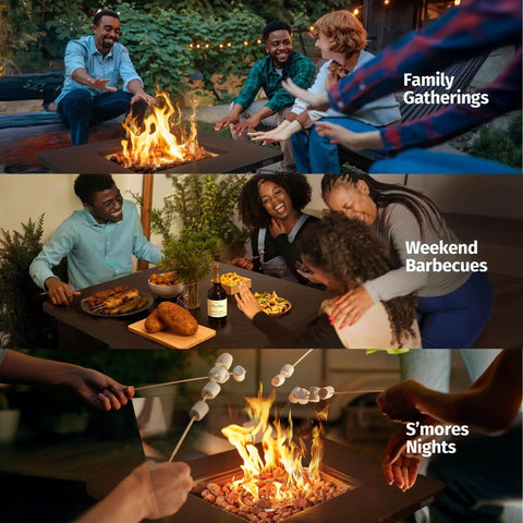 People enjoying a Powerful 52,000 BTU Outdoor Propane Fire Pit Table for patio and backyard during family gatherings.