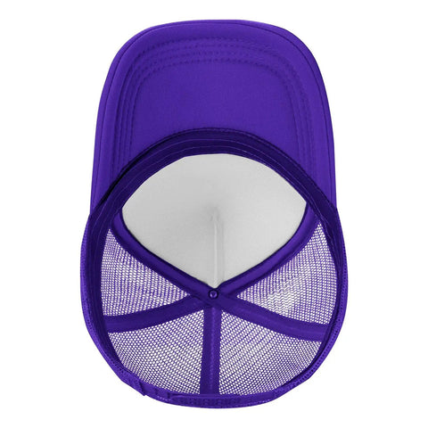 Top view of I Hate Pulling Out Funny Camper RV Camping Trailer Mesh Trucker Hat showing purple mesh back