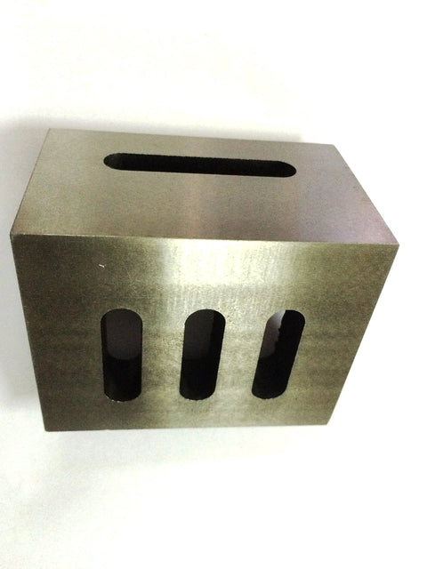 Cast iron slotted angle plate, 3 x 2 x 2.5 in, stress-relieved; top oval slot and three vertical side slots visible