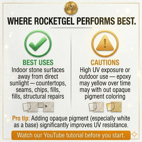 Infographic showing RocketGel 25 Minute Epoxy Countertop Repair Kit uses and cautions for indoor stone surfaces.