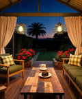 Top Rated Solar Pendant Chandelier Set Of Two With Smart Remote And Custom Hourly Timer Featuring Knockout Bohemian Gold Bead Copper Wire Design to illuminate a cozy patio setting.
