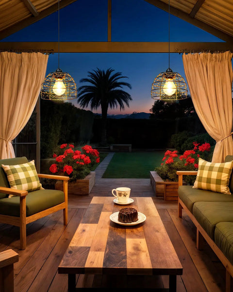 Top Rated Solar Pendant Chandelier Set Of Two With Smart Remote And Custom Hourly Timer Featuring Knockout Bohemian Gold Bead Copper Wire Design to illuminate a cozy patio setting.