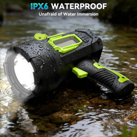 Rechargeable 2 Million Lumen Spotlight With Beastly Bright LED showing waterproof design in river